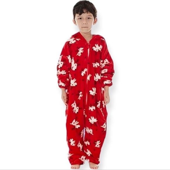 NWT Christmas Pajamas Minky Reindeer Print Drop Seat Onesie Hooded Zip Up - Picture 1 of 7